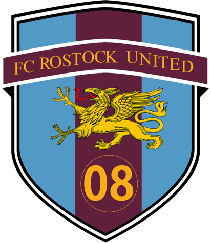 Wappen mit einem gelben Greif auf blauem Hintergrund, darüber ein dunkelrotes Banner mit der Aufschrift "FC Rostock United" und der Zahl "08" unten.