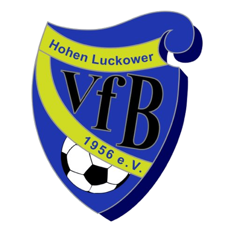 Blaues Wappen mit gelbem Band, schwarzem "vfB"-Schriftzug, einem Fußball und der Aufschrift "Hohen Luckower 1956 e.V.".