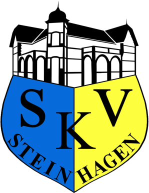 Wappen mit einem Gebäude oben, darunter ein zweigeteilter Schild in Blau und Gelb mit den Buchstaben "SKV" und dem Text "Steinhagen".