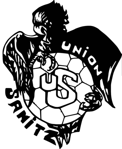 Schwarz-weißes Logo mit einem Adler, der einen Fußball hält, auf dem die Buchstaben "US" stehen. Der Text "Union Samitz" umgibt den Ball.