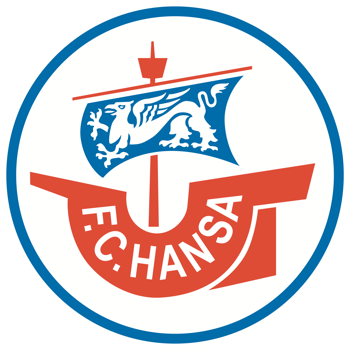 Ein rundes Logo mit einem blauen Rand, einem stilisierten roten Schiff und einem blauen Segel mit einem weißen Greif. Darunter steht "F.C. HANSA" in weißen Buchstaben.