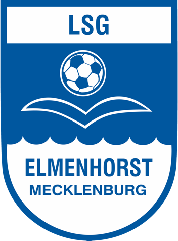 Blau-weißes Wappen mit der Aufschrift "LSG" oben, einem stilisierten Fußball über einer Welle in der Mitte und den Worten "ELMENHORST MECKLENBURG" unten.