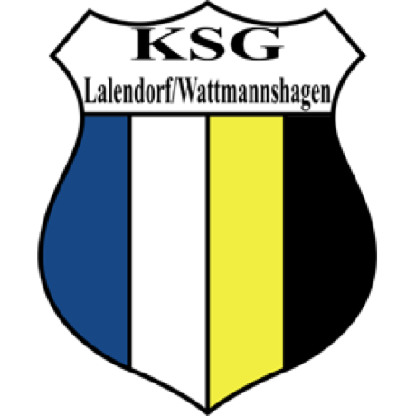 Wappen mit den Buchstaben "KSG" oben und dem Text "Lalendorf/Wattmannshagen" darunter, vertikal in vier Farben unterteilt: blau, weiß, gelb und schwarz.